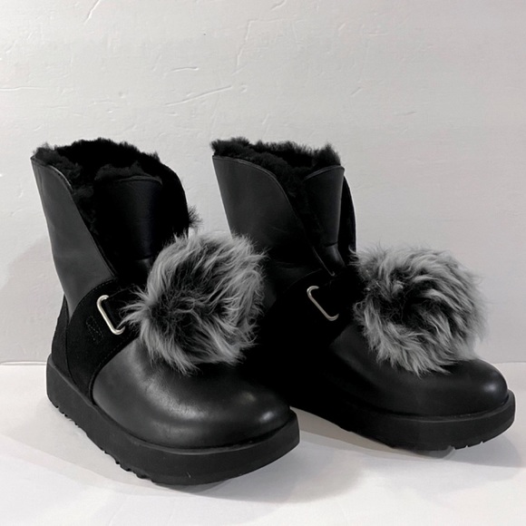UGG Isley Black Waterproof Leather Pom Pom Boots, Size 6 - Picture 1 of 15